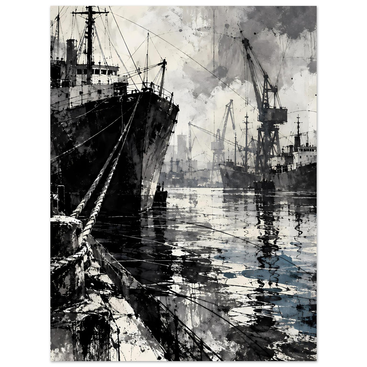Maritimes Poster mit Hafenmotiv in Schwarzweiß: Schiffsaufbauten und Wellenreflexe
