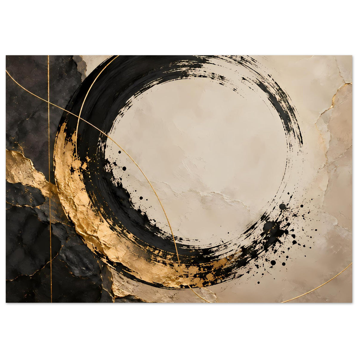 Abstraktes Kunstposter mit hellem Kreisring, schwarzem Bogen und goldenen Sprenkeln