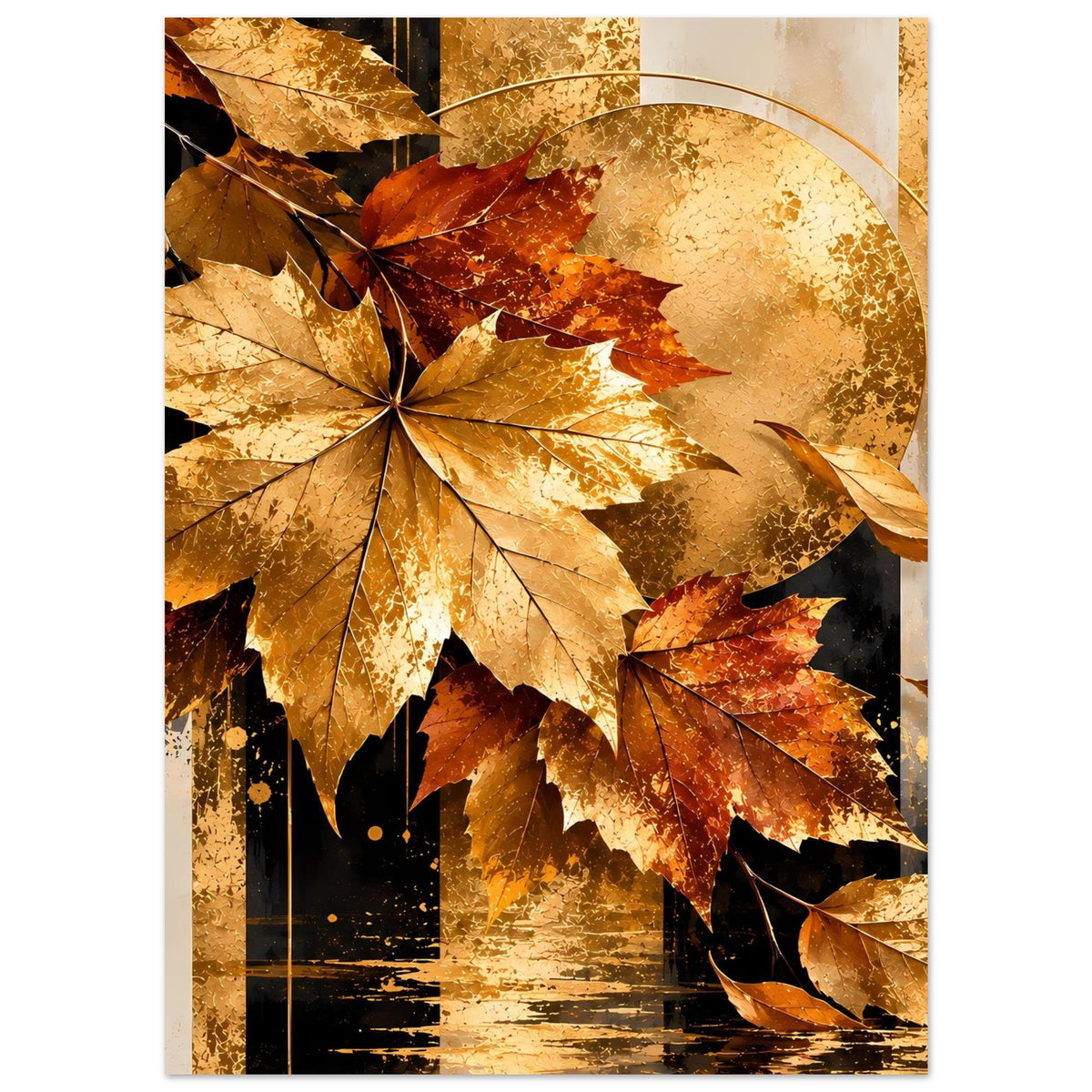 Poster mit großen Ahornblättern, goldener Prägung und warmen Herbstfarben, mit Halbkreis