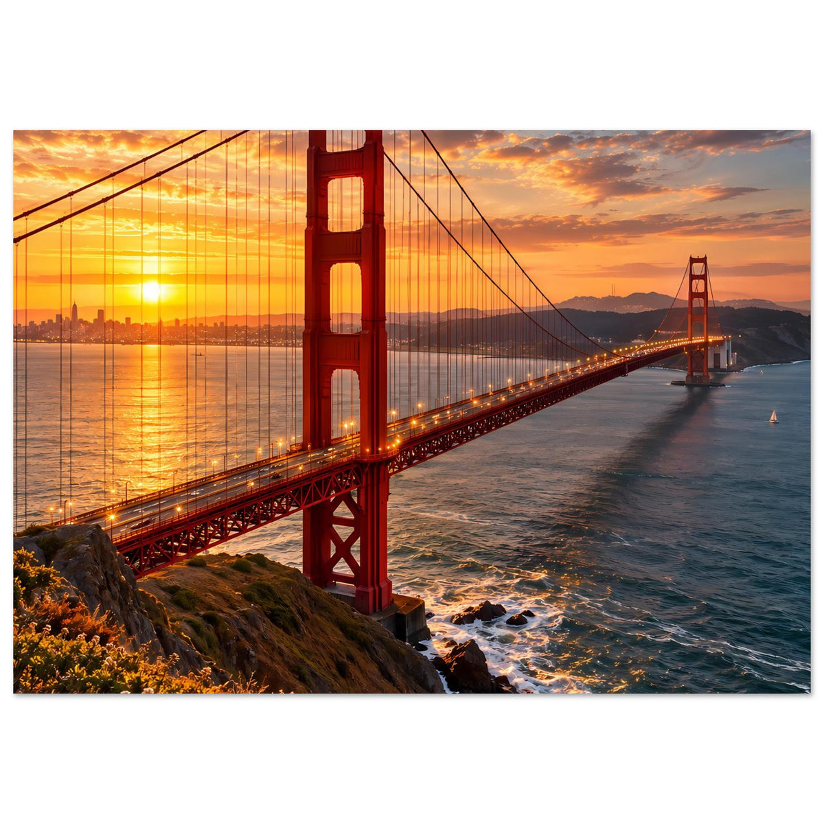 Wandposter mit Golden Gate Bridge bei Sonnenuntergang, rot beleuchtet, Querformat