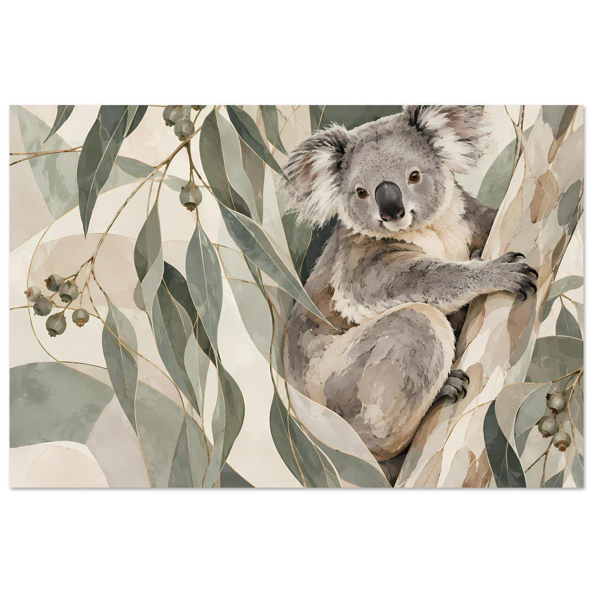 Koala-Tierposter in Erdtönen: grauer Koala mit Pfoten im Blätterbogen