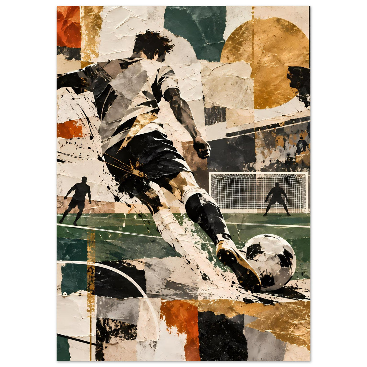 Fußball-Action-Kunstposter: Spieler über den Platz, Ball im Vordergrund, Tor im Bild mit Collage-Texturen