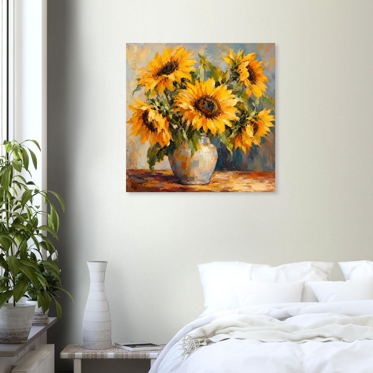 Still-Life-Poster mit gelben Sonnenblumen in blauer Vase, quadratisch, auf mattem Papier
