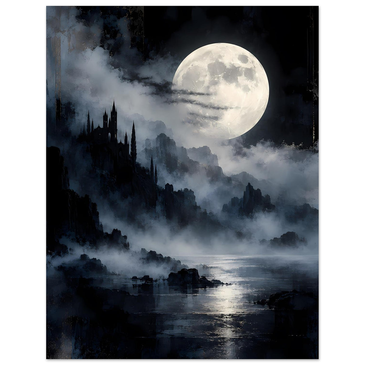 Fantasy-Landschaftsposter im Hochformat mit Vollmond, Rauchnebel und dunkler Burglinie