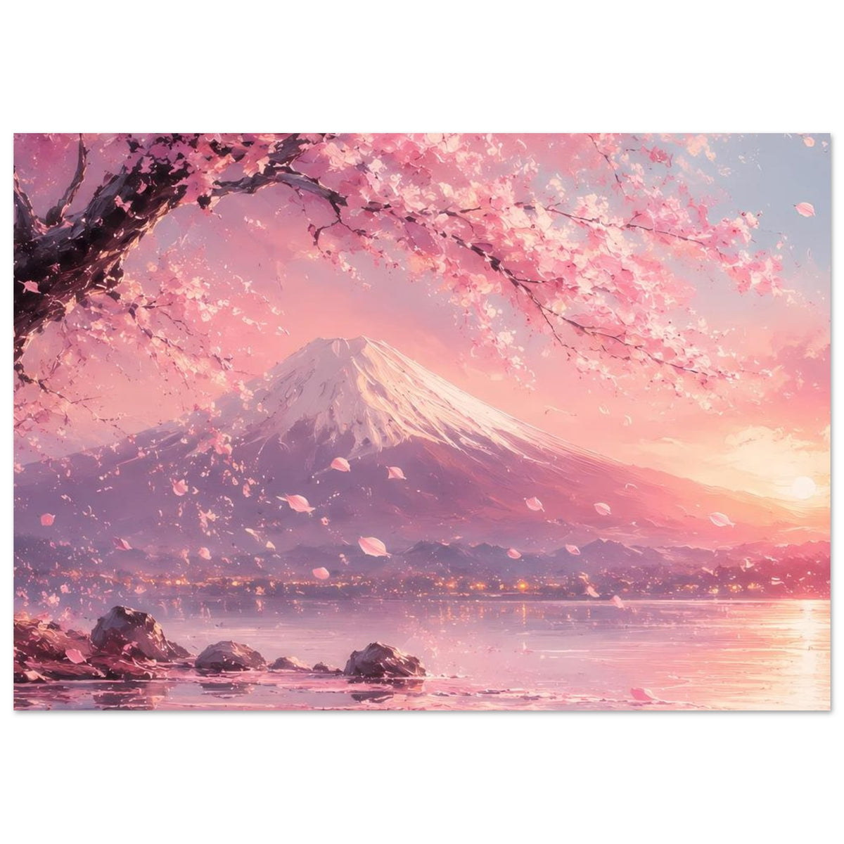 Horizontales Poster mit Kirschblütenzweig, Fuji und Küste mit Felsbrocken im rosafarbenen Abendlicht