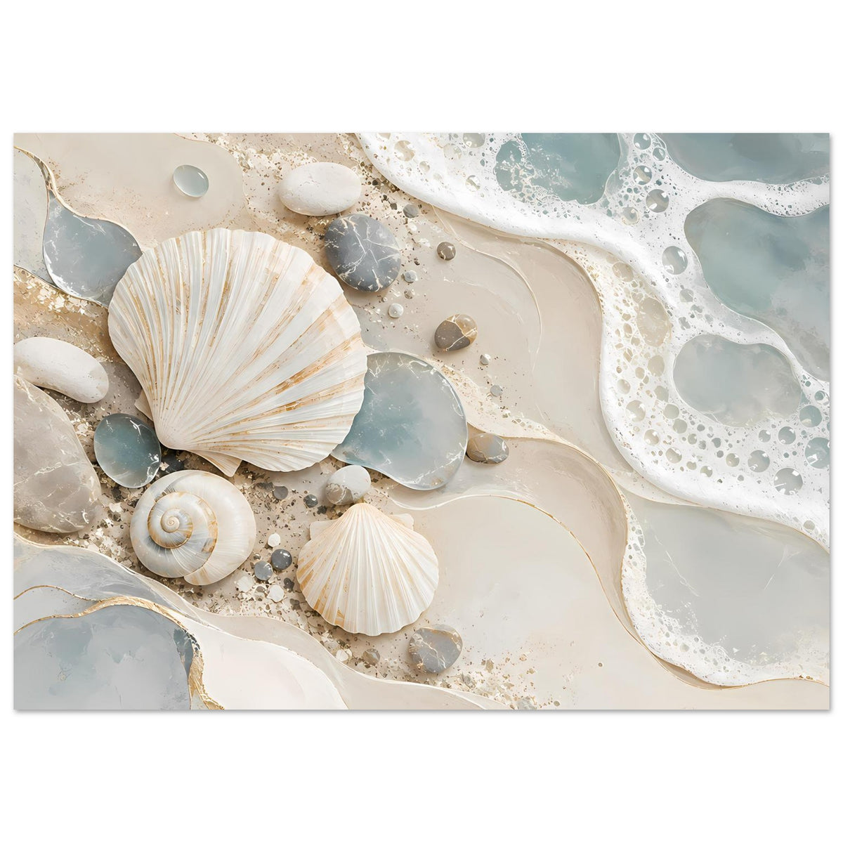 Meeresschalen-Poster in Horizontalansicht: Muscheln, Steine und weißer Schaum auf beigem Untergrund