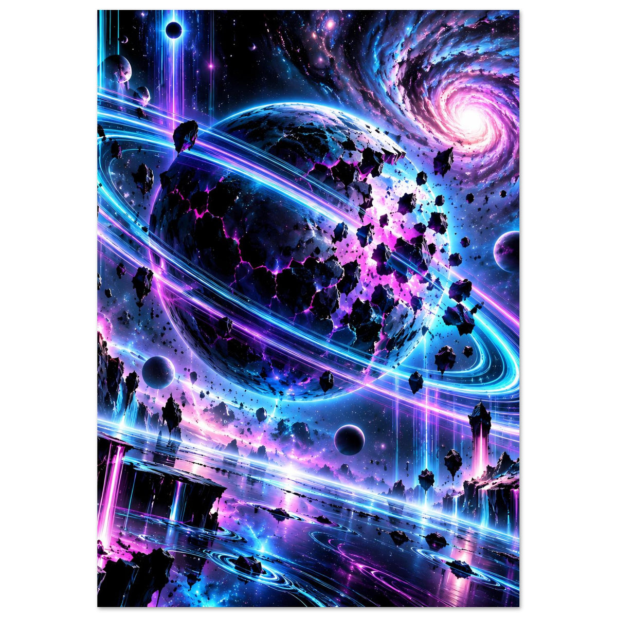 Neon-Galaxie-Poster im Hochformat: leuchtende Bahnen über Sternenstaub, Planeten und lila Spiralnebel.