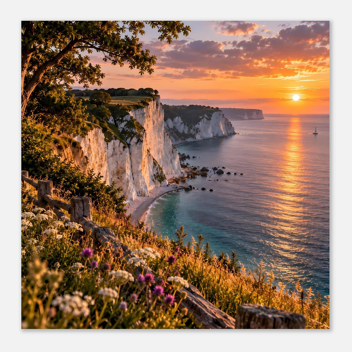 Horizontales Poster mit Kreidefelsen, Blumen am Ufer und Abendsonne über ruhigem Wasser