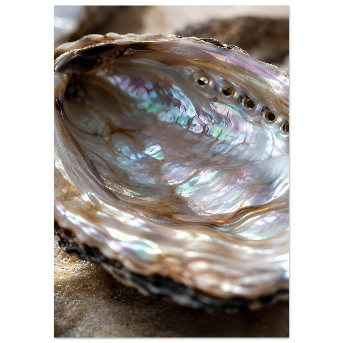 Poster mit Abalone-Muschel, Nahaufnahme der gewellten Perlmuttfläche und irisierenden Farben