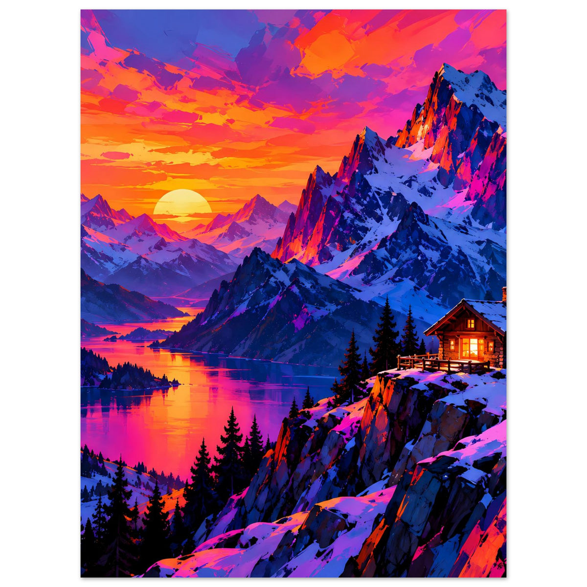 Vertikales Poster: goldene Sonne über Bergsee, schneebedeckte Gipfel und Haus am Fels.