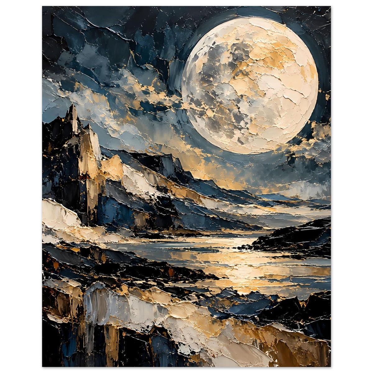 Poster: Vollmond über See und Klippen, abstrakte Wolkenformen und goldene Lichtspuren.