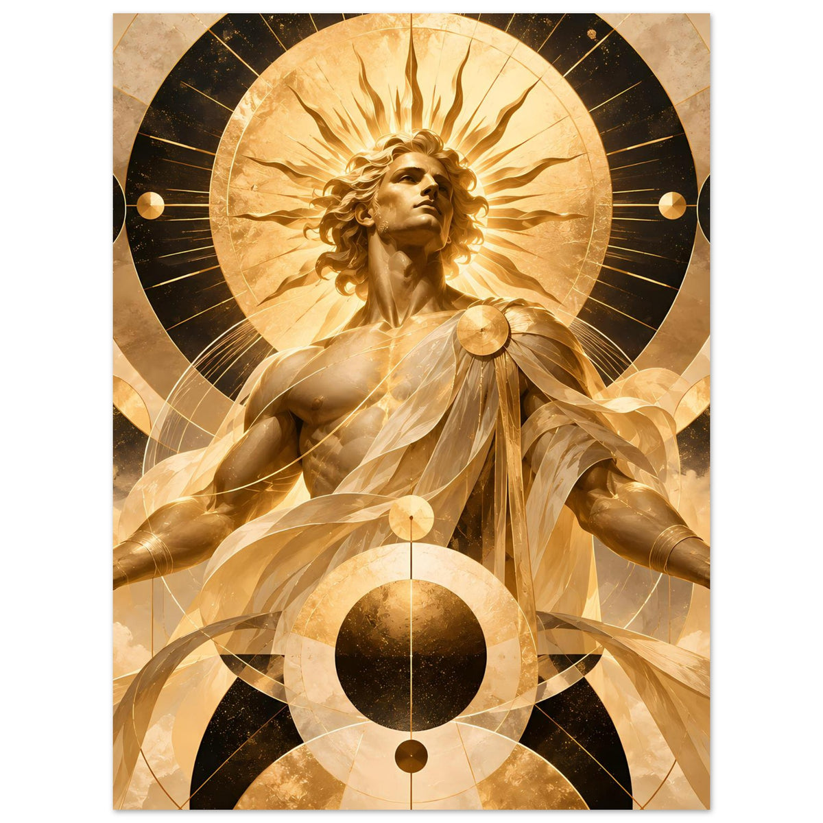 Vertikales Poster mit goldener Engel-Darstellung, geschwungenen Linien und Halo über dem Kopf