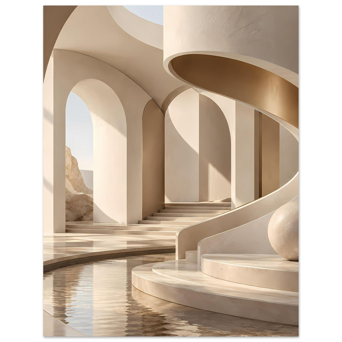 Poster mit Marmorfluren und Bögen: Treppe, Wasserreflexion, geschwungene Plattform und Kugel