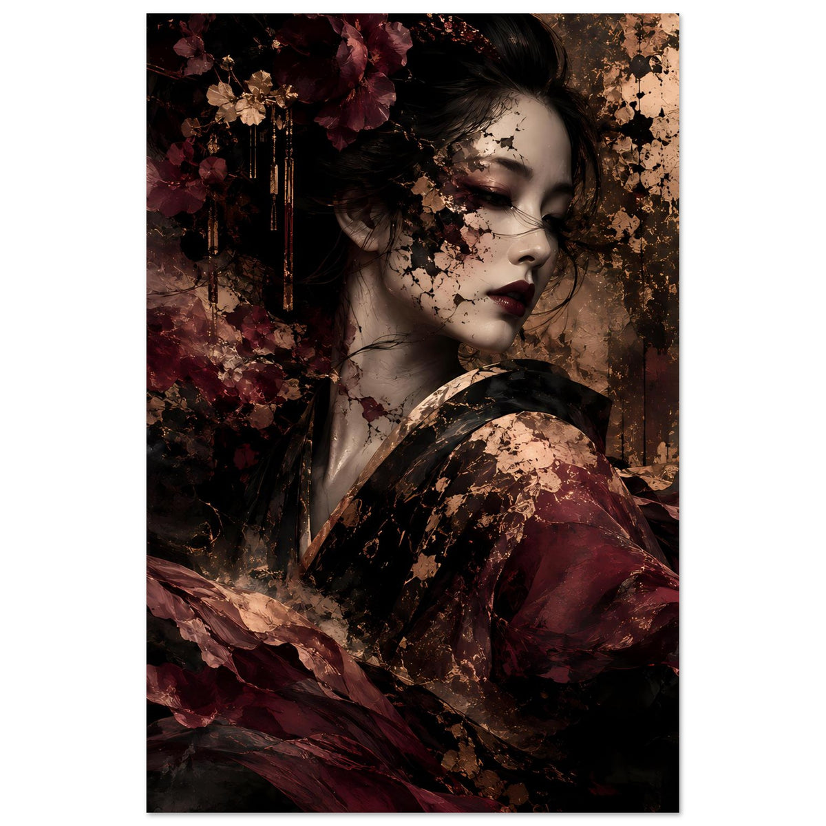 Hochformat-Kunstposter: Frauenprofil in Bordeaux/Schwarz, abstrakte Texturen mit goldenen Details.