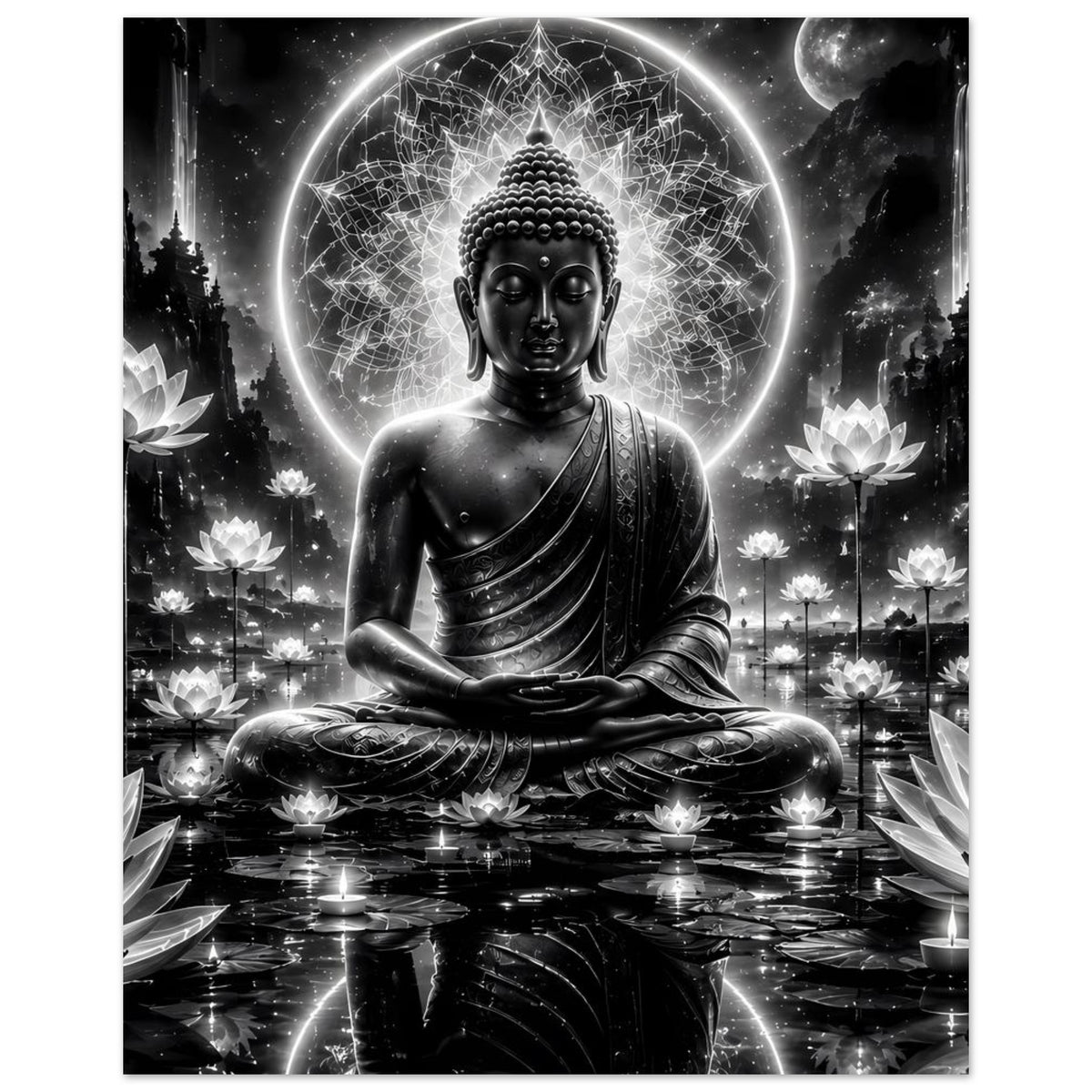 Buddha-Poster im Meditationssitz, schwarzweiß, hochformat mit leuchtendem Aura-Ring