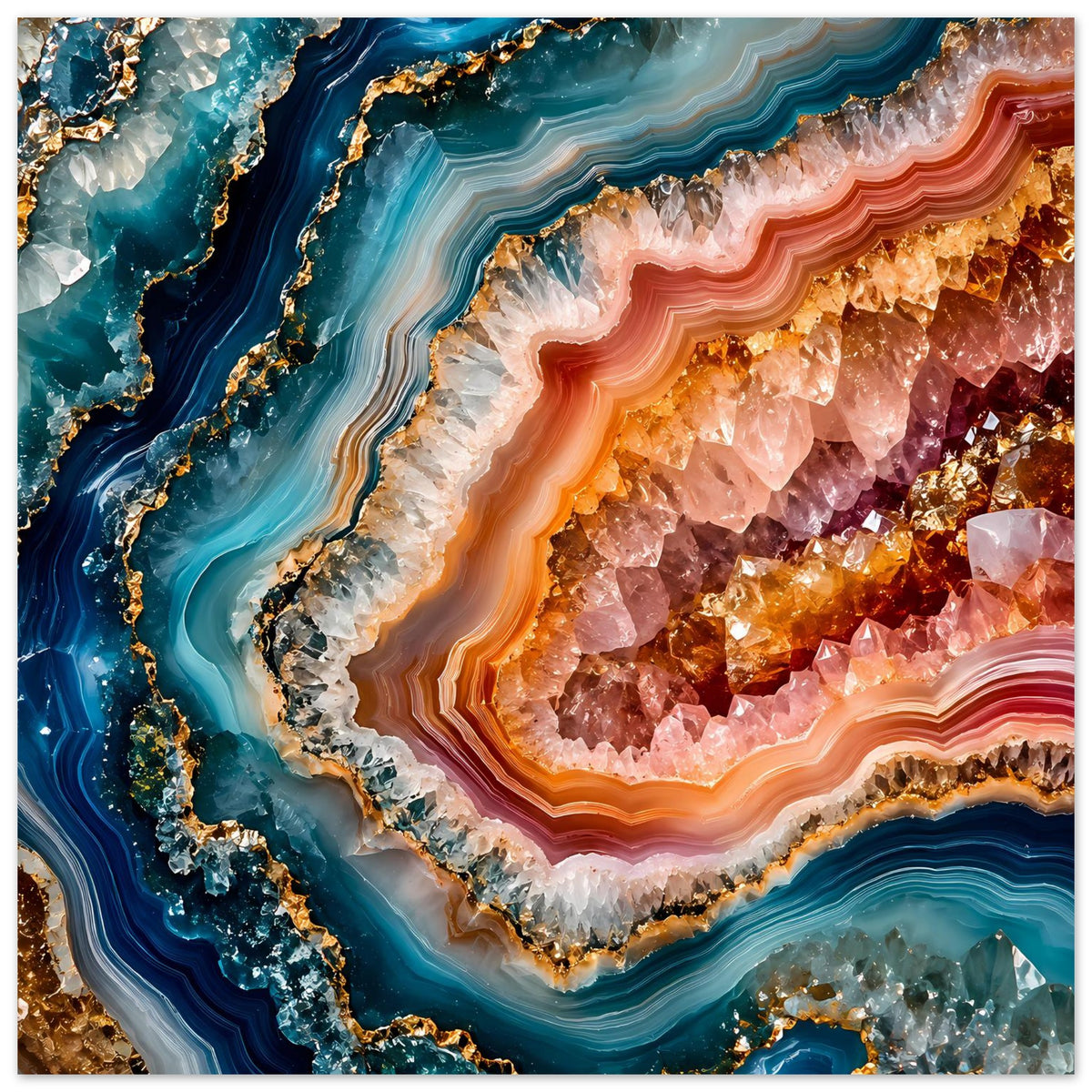 Poster mit Geoden-Kunst: blaues Gestein links, orangefarbene Kristallwände rechts