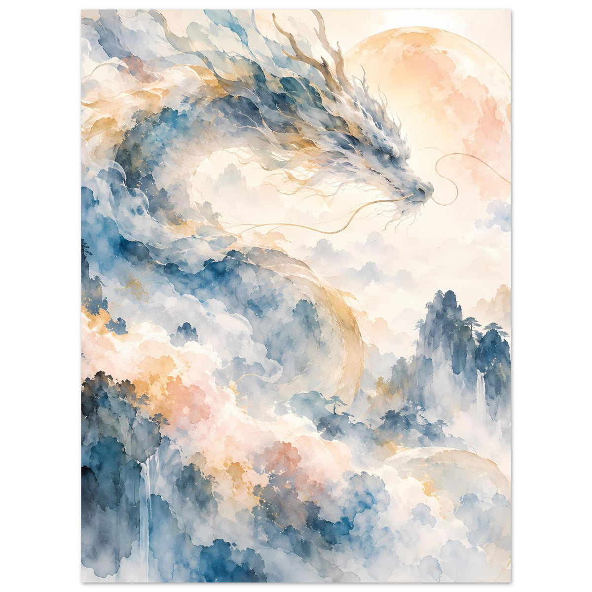 Fantasie-Aquarellposter mit Drachen über nebligen Bergen, ruhige Blau- und Cremetöne