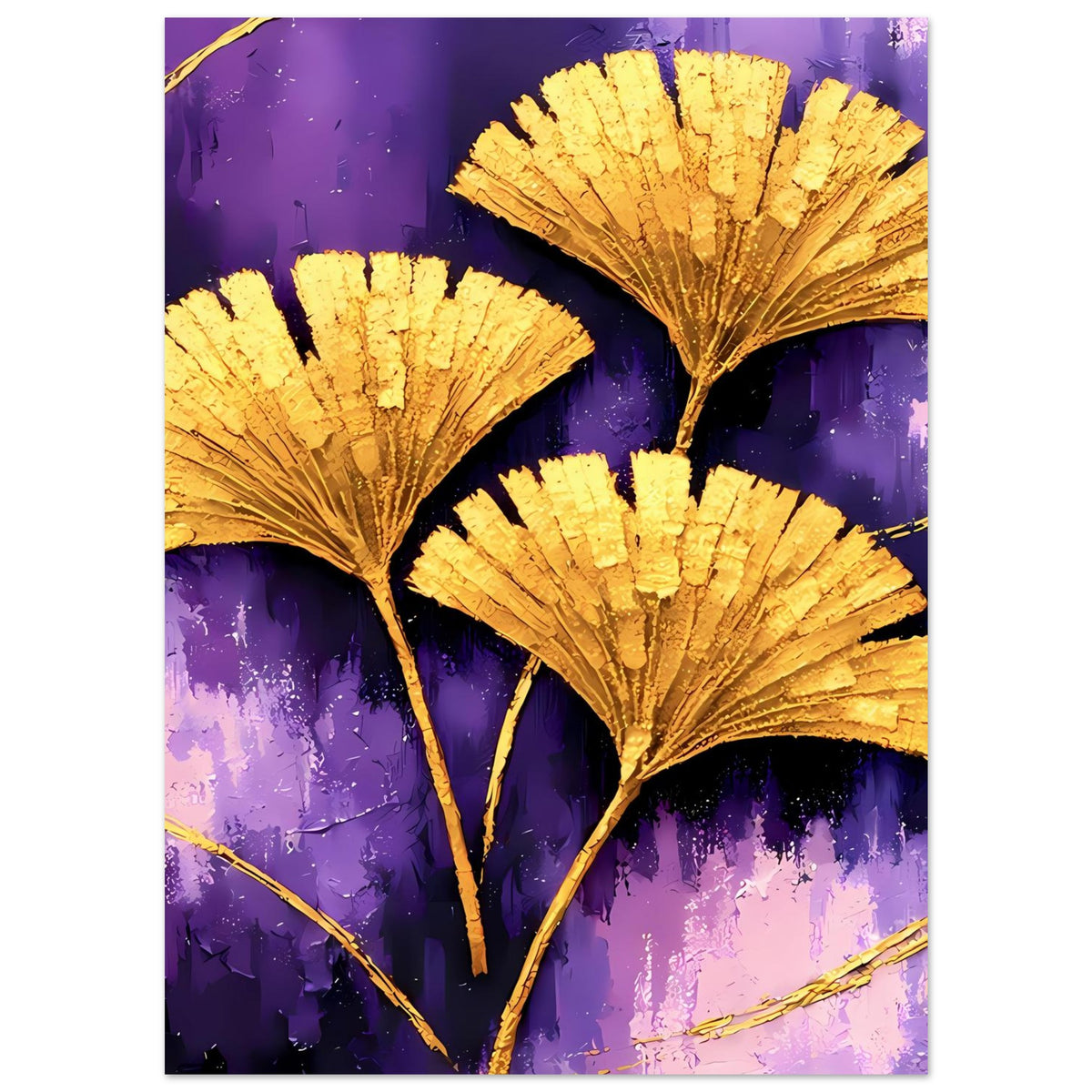 Ginkgo-Poster im Hochformat: goldene Blattmotive mit violettem Hintergrund