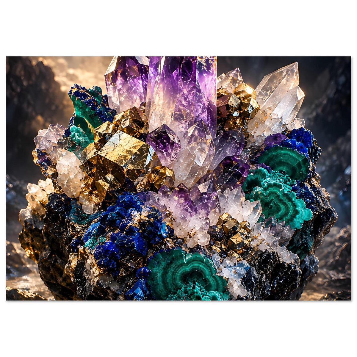 Kristallposter im Querformat mit violetten Amethystkristallen, grünen Malachitnukleinen und Goldakzenten