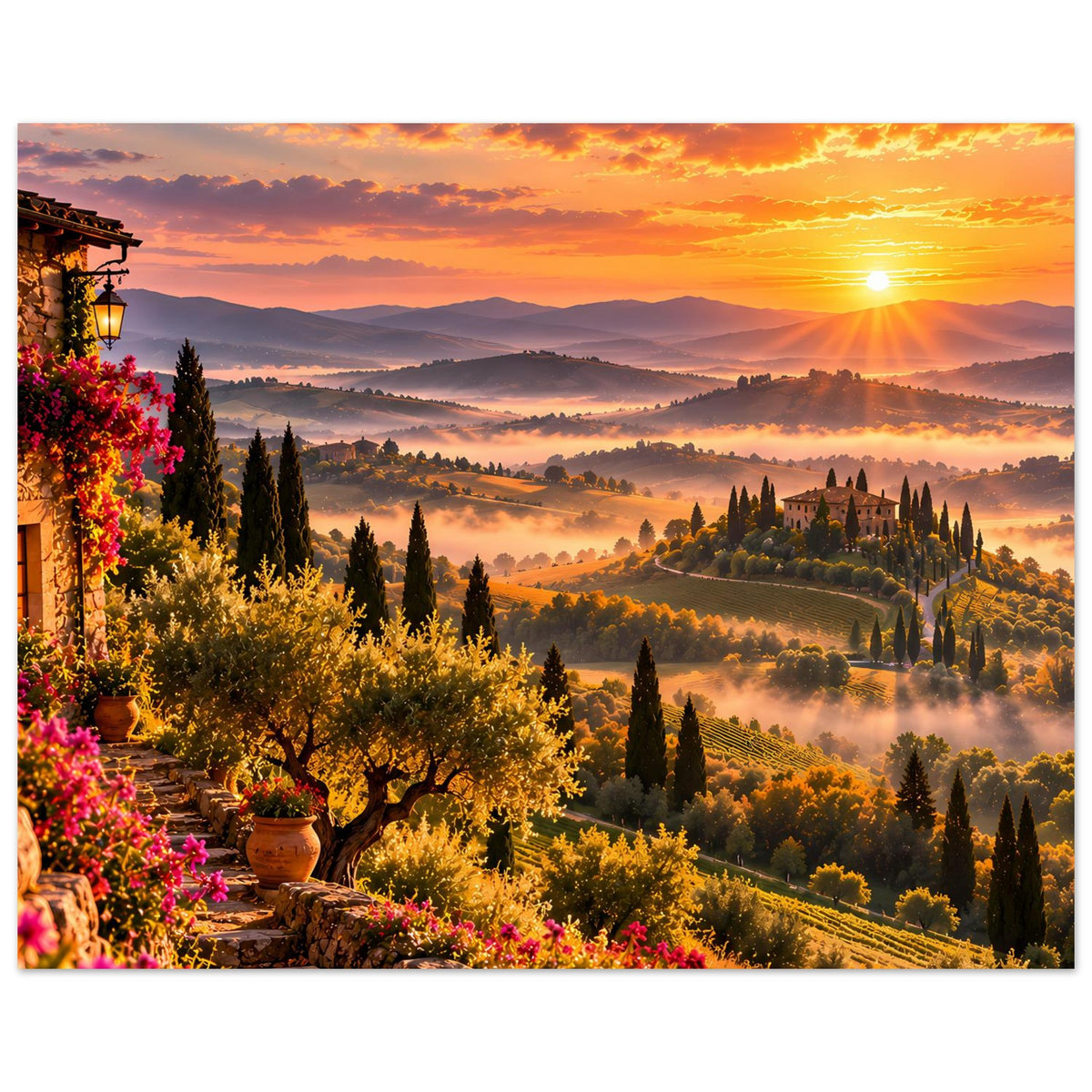 Poster mit toskanischer Abendlandschaft: Sonnenuntergang über Nebeltälern, Zypressen