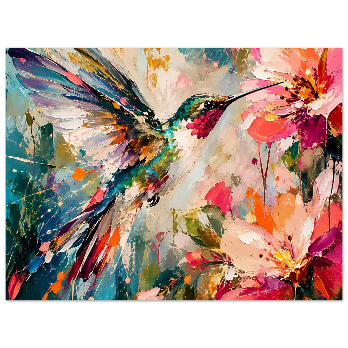 Kunstdruck im Querformat mit Kolibri und Blüten, dynamisches abstraktes Farbspiel