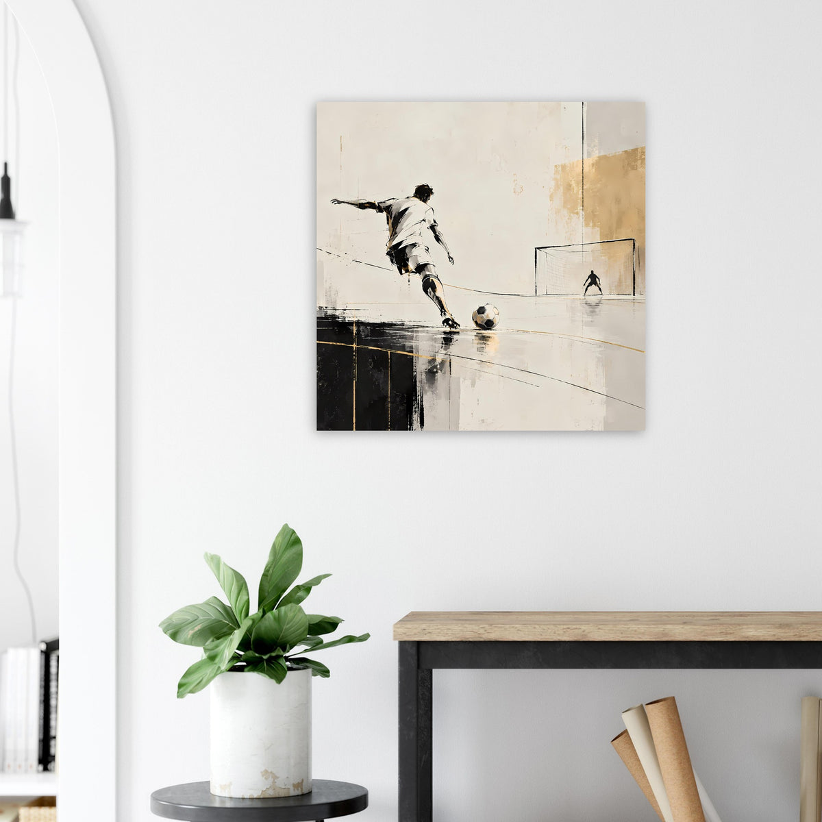Fußballkunst-Poster: dynamischer Fußballspieler mit Spritzern, beige-graues Farbspiel
