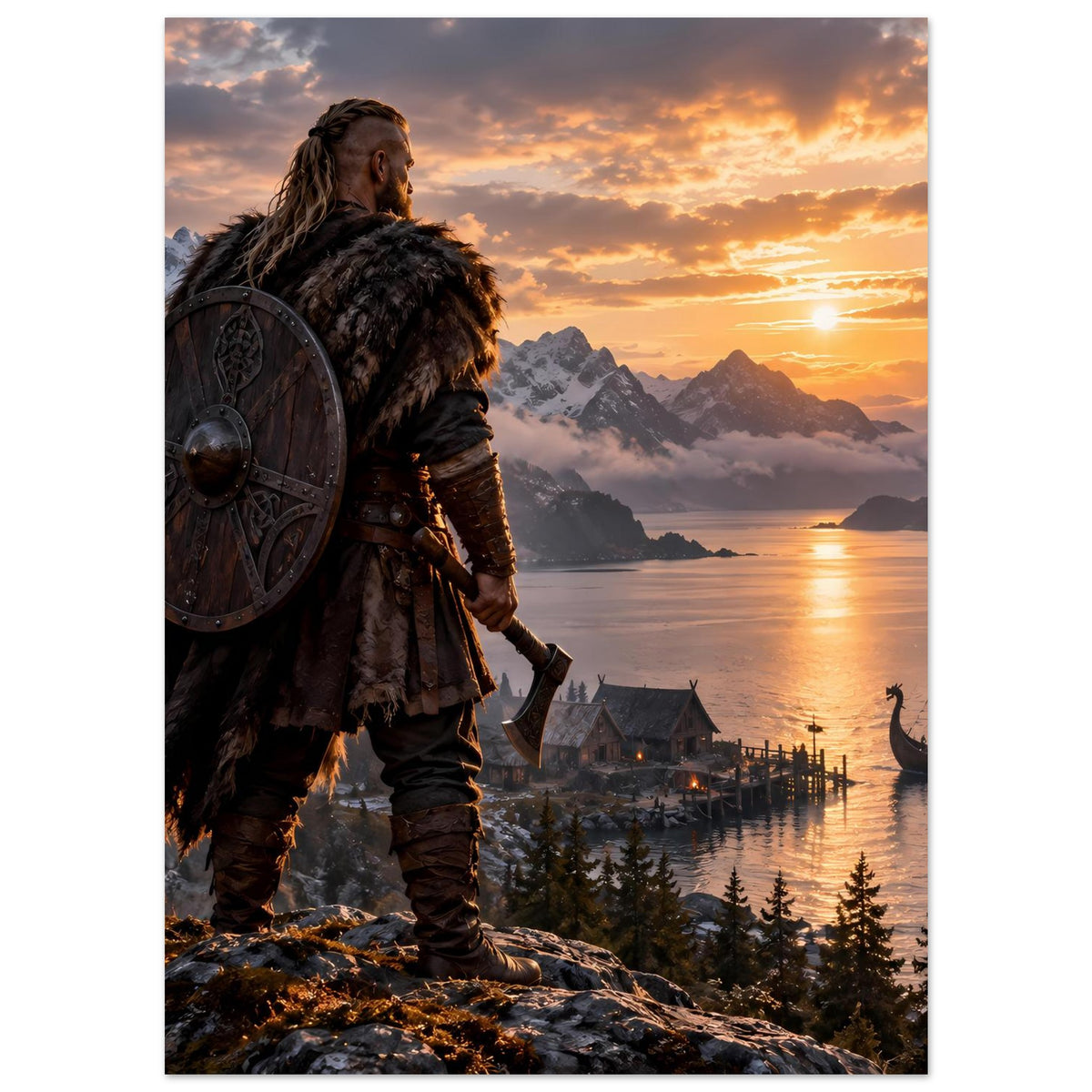Wikinger-Poster: Rundschild-Krieger auf Felsvorsprung, Fjordwasser und Berge