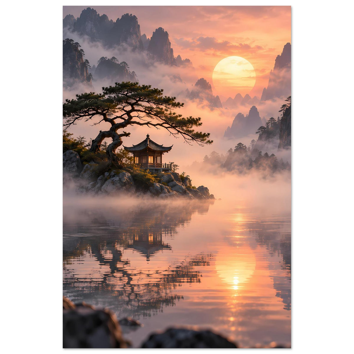 Poster im Hochformat: goldener Sonnenball über Berglandschaft, See mit Reflexion und Pagode