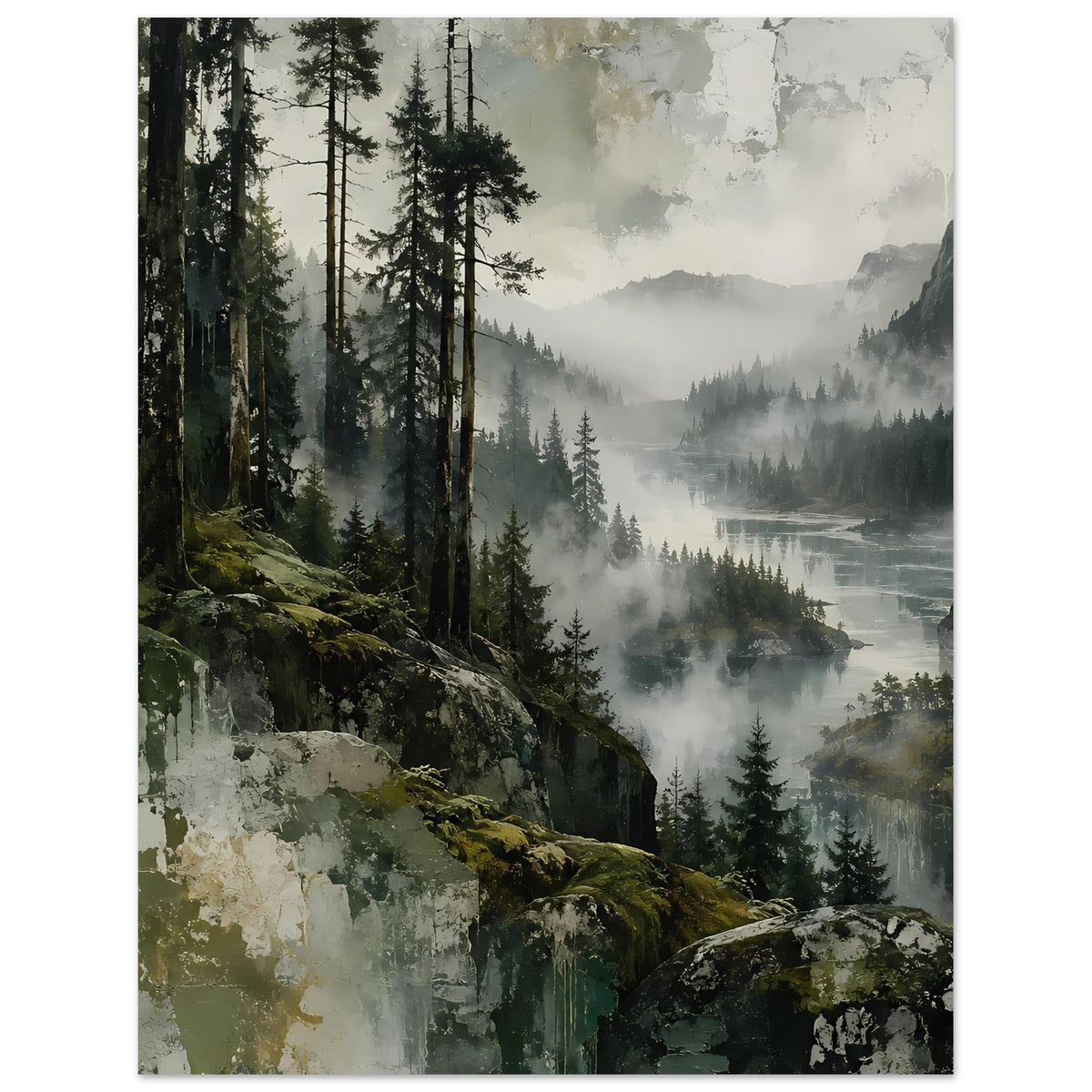 Landschaftsposter mit hohen Tannen im Vordergrund und Nebel über Tal, mattes Papier