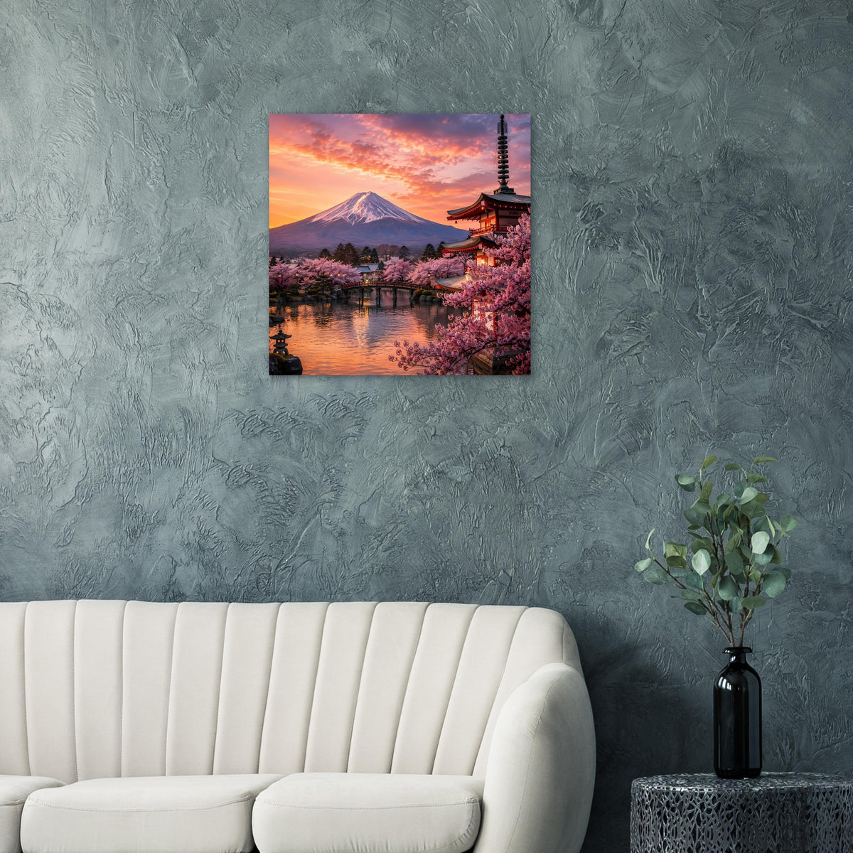 Poster mit Berg Fuji, Kirschblüten und Pagode bei Sonnenuntergang