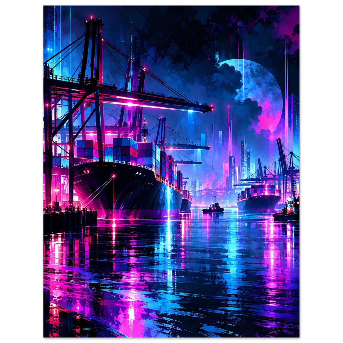 Hochformat-Poster Neon-Hafen-Nachtlandschaft: Werft, Schiffe, Container und kräftige Neonfarben