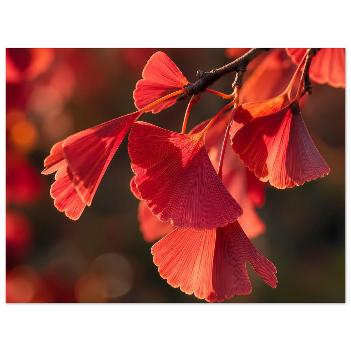Poster im Querformat mit roten Ginkgo-Blättern am dunklen Ast