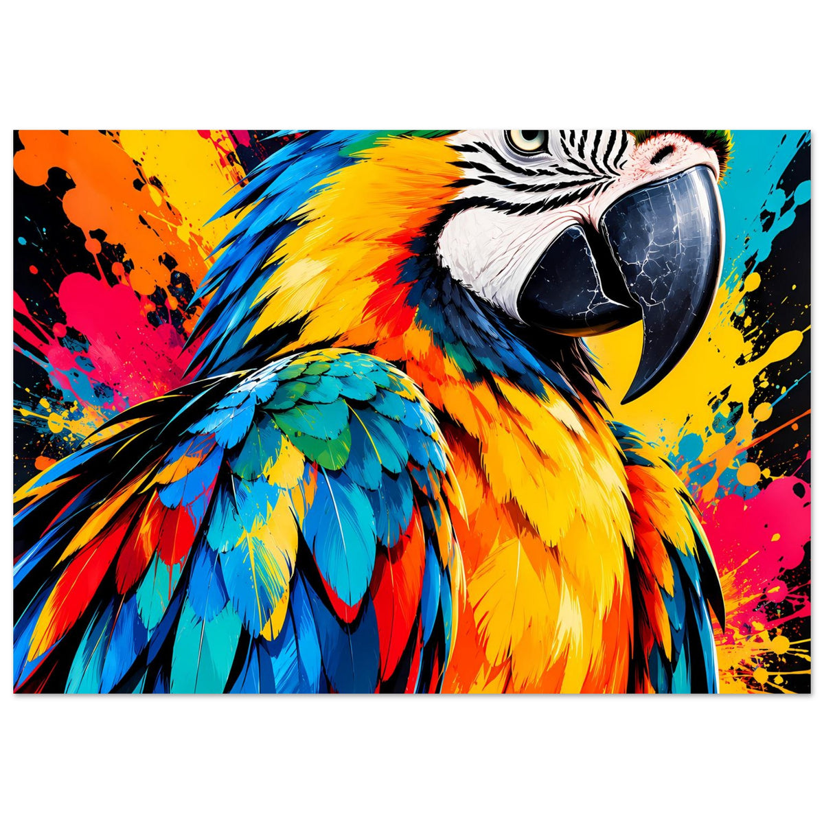Kunstdruck-Poster Querformat: Papagei-Kopf und Flügel in leuchtenden Farben