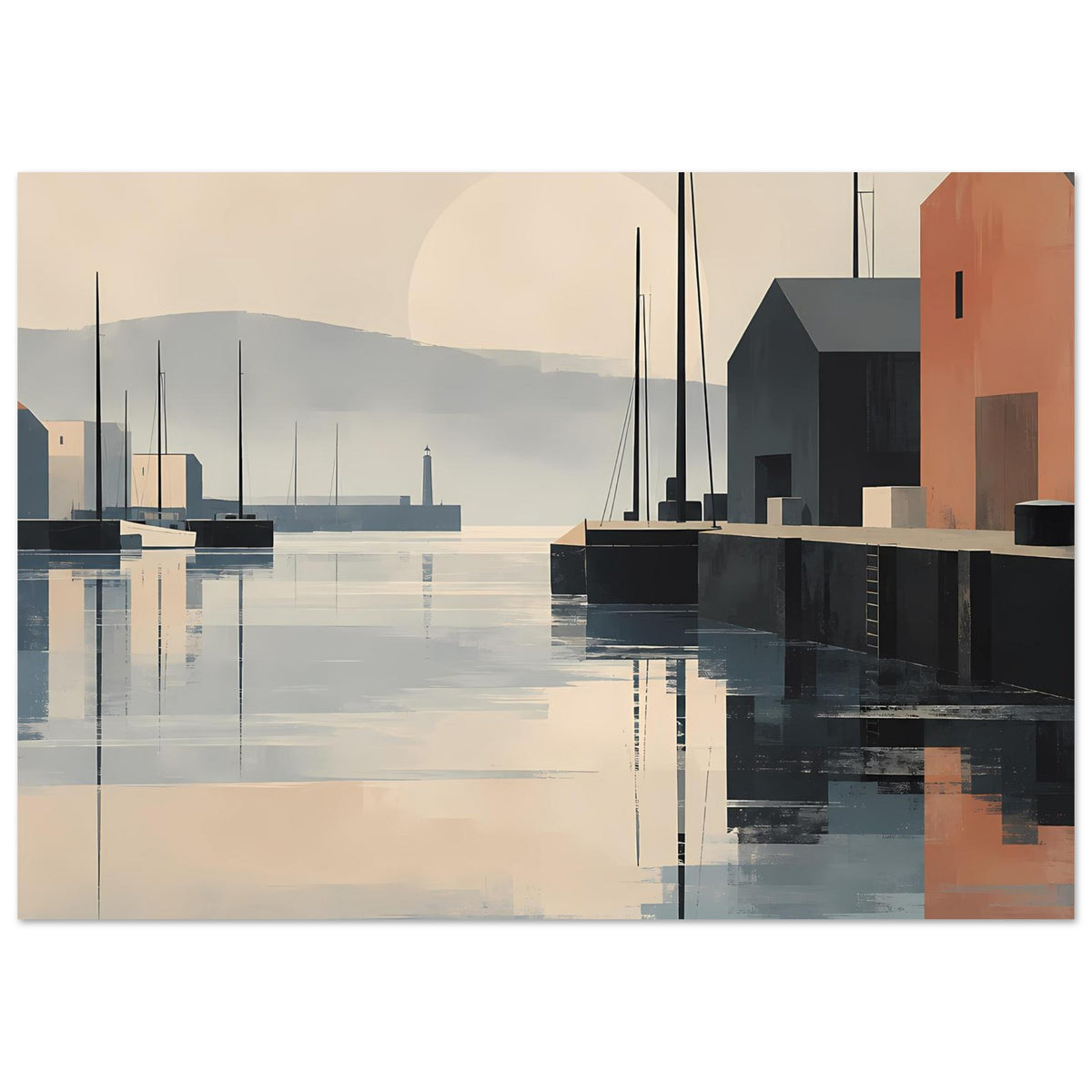 Hafen-Sunset-Poster mit spiegelndem Hafenbecken, dunkle Schiffe und orange Wandfläche.