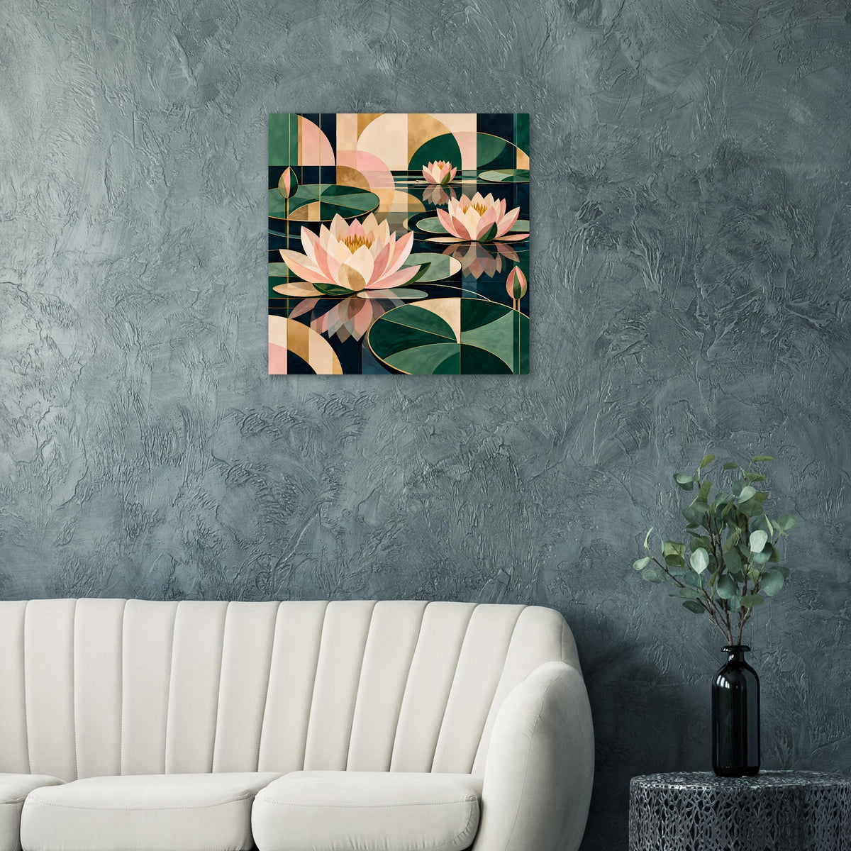 Lotus-Grafik-Poster, vertikal, mit sanften Grün- und Rosatönen