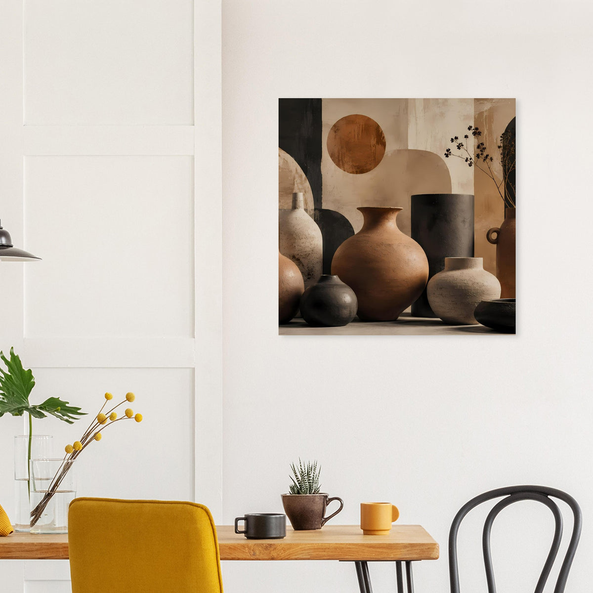 Gerahmtes Poster mit Keramikvasen im Boho-Stil: Terrakotta und Beige, mit dunklen Formen