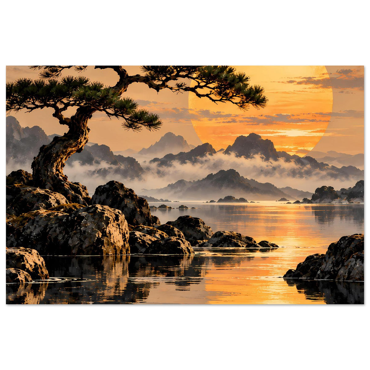 Horizontales Landschafts-Poster mit Pinienast, Küstenfelsen, ruhigem Wasser und Sonnenuntergang