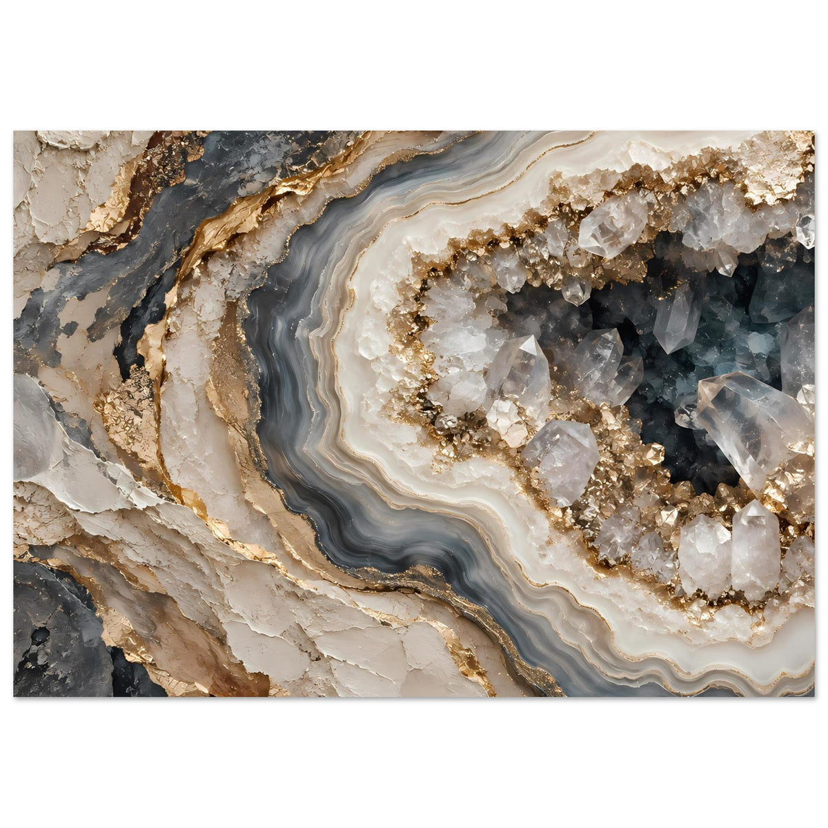 Poster mit Geoden-Schichten in Creme, Rauchgrau und Gold, horizontal