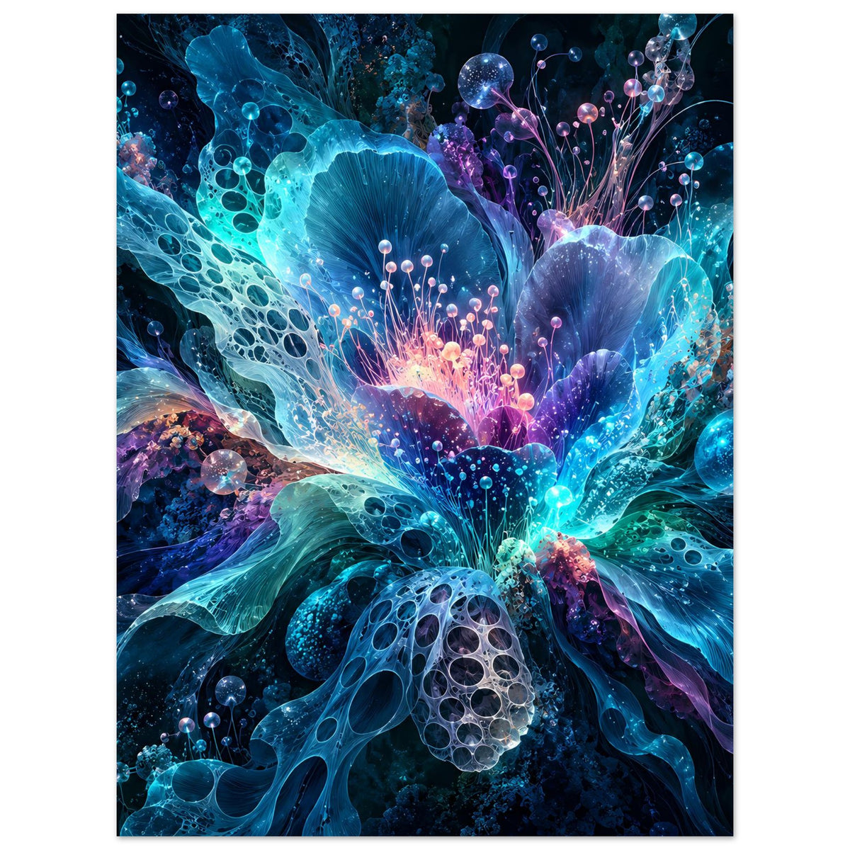 Leuchtendes Blumenposter, vertikal: mehrfarbige Blüten mit glühenden Punkten und Bläschen