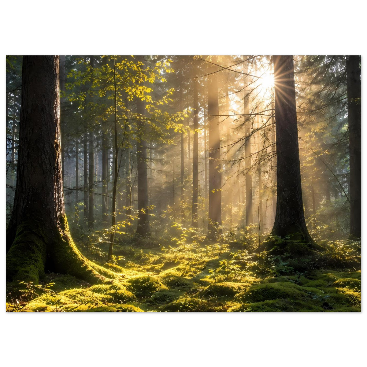Wald-Poster horizontal: Sonnenstrahlen durch hohen Fichtenwald, leuchtendes Moos am Boden