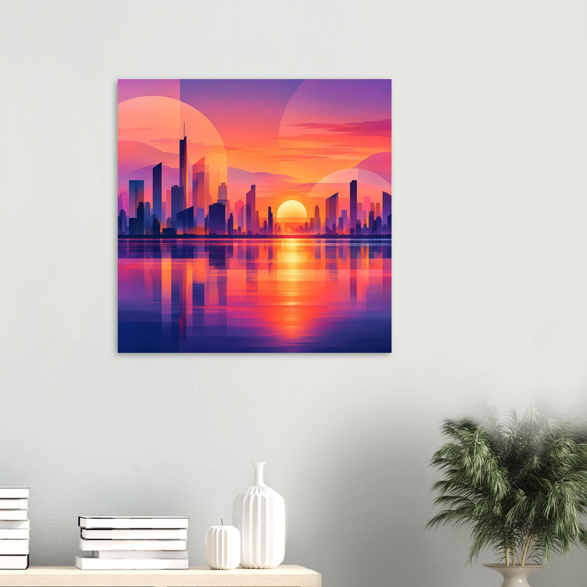Quadratisches Stadtposter mit Skyline bei Sonnenuntergang, großer Sonne und Wasserreflexion