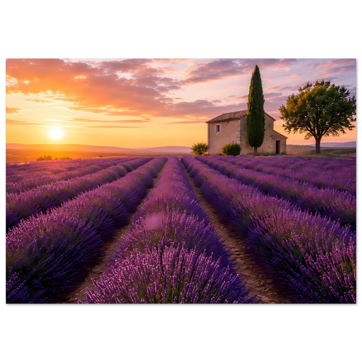 Lavendel-Feldlandschaft als Poster: lila Blütenreihen, Haus und Zypressen beim Sonnenuntergang