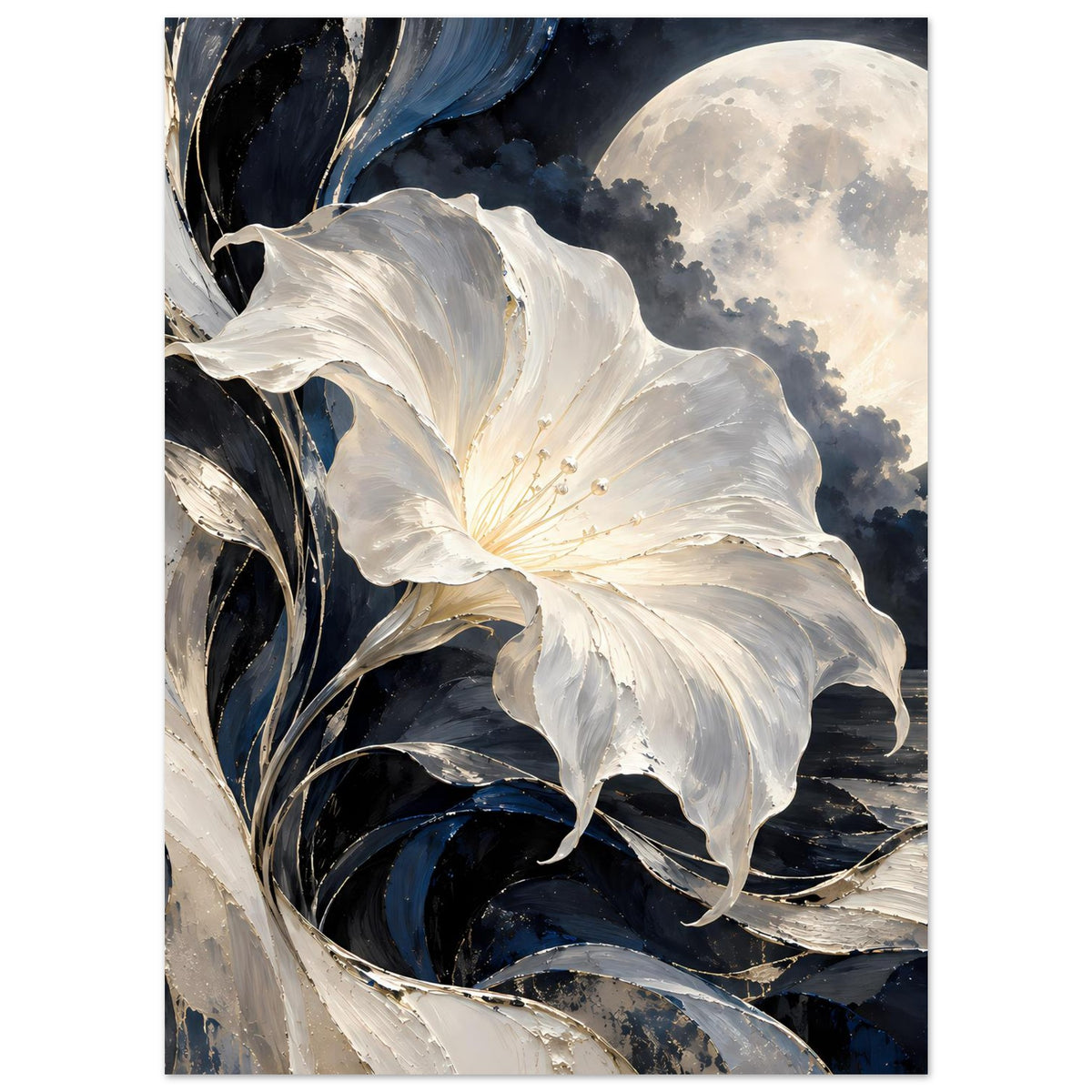 Blumenposter mit weißer Blüte und gelblichem Blütenzentrum, Hintergrund mit Mondschein