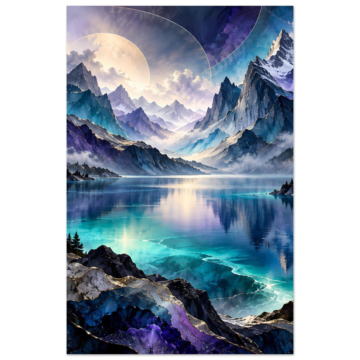 Bergsee-Poster im Hochformat: Halbmond am Himmel, türkis leuchtendes Wasser, Felsen und Berge
