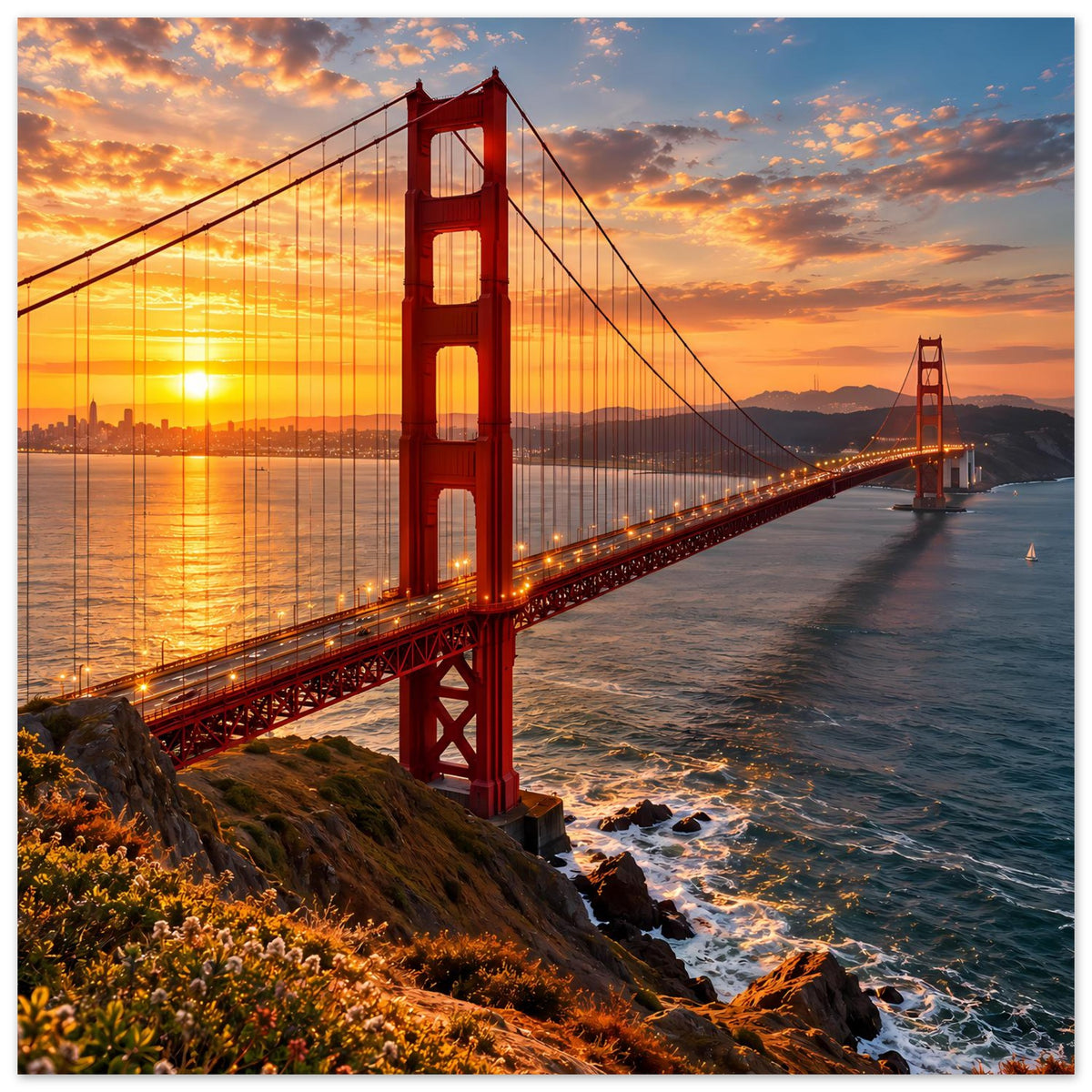 Golden-Gate-Brückenposter im Sonnenuntergang, horizontales Motiv mit Brückenturm und Küste