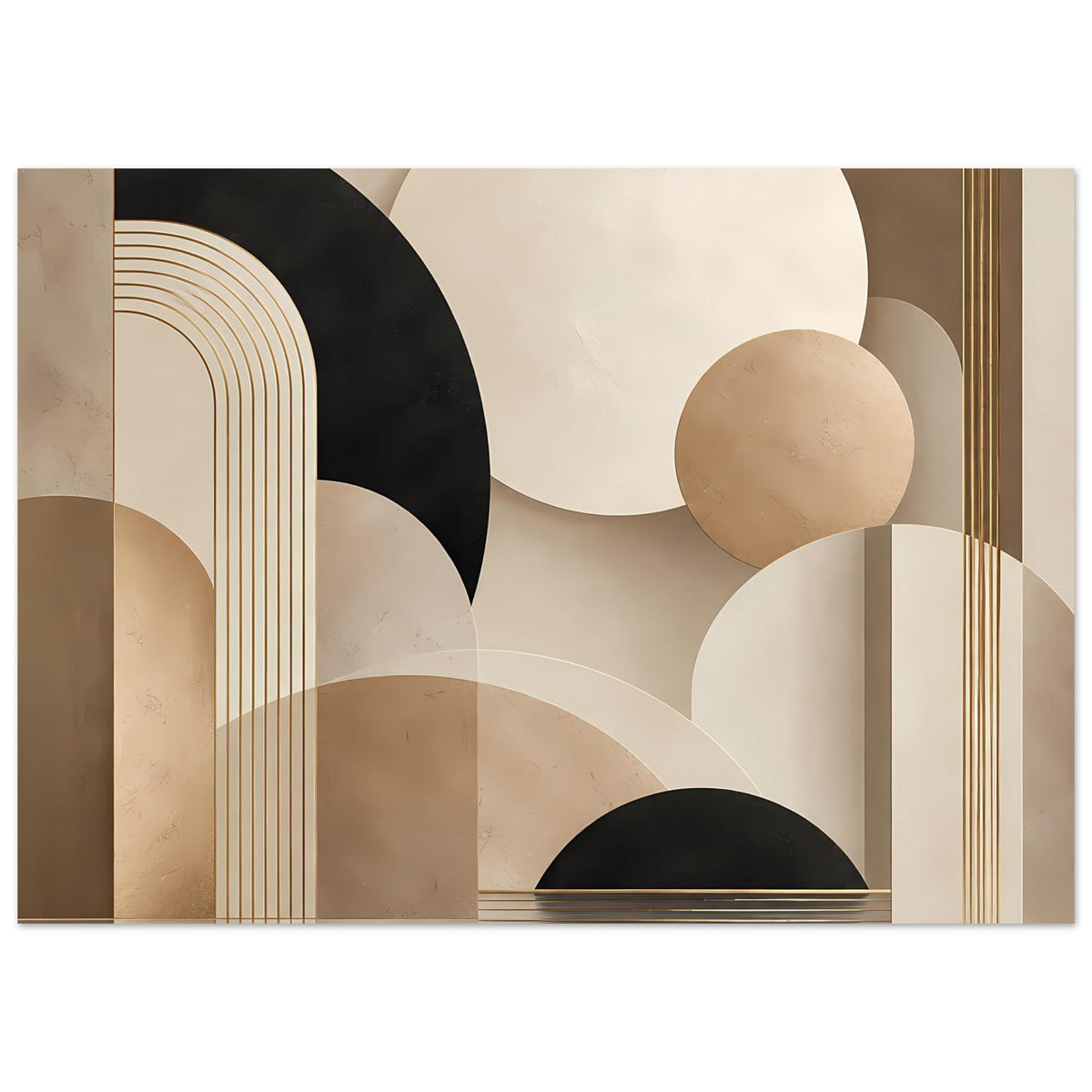 Abstraktes geometrisches Poster: Kreise, geschwungene Linien, goldene Akzente, beige und dunkel