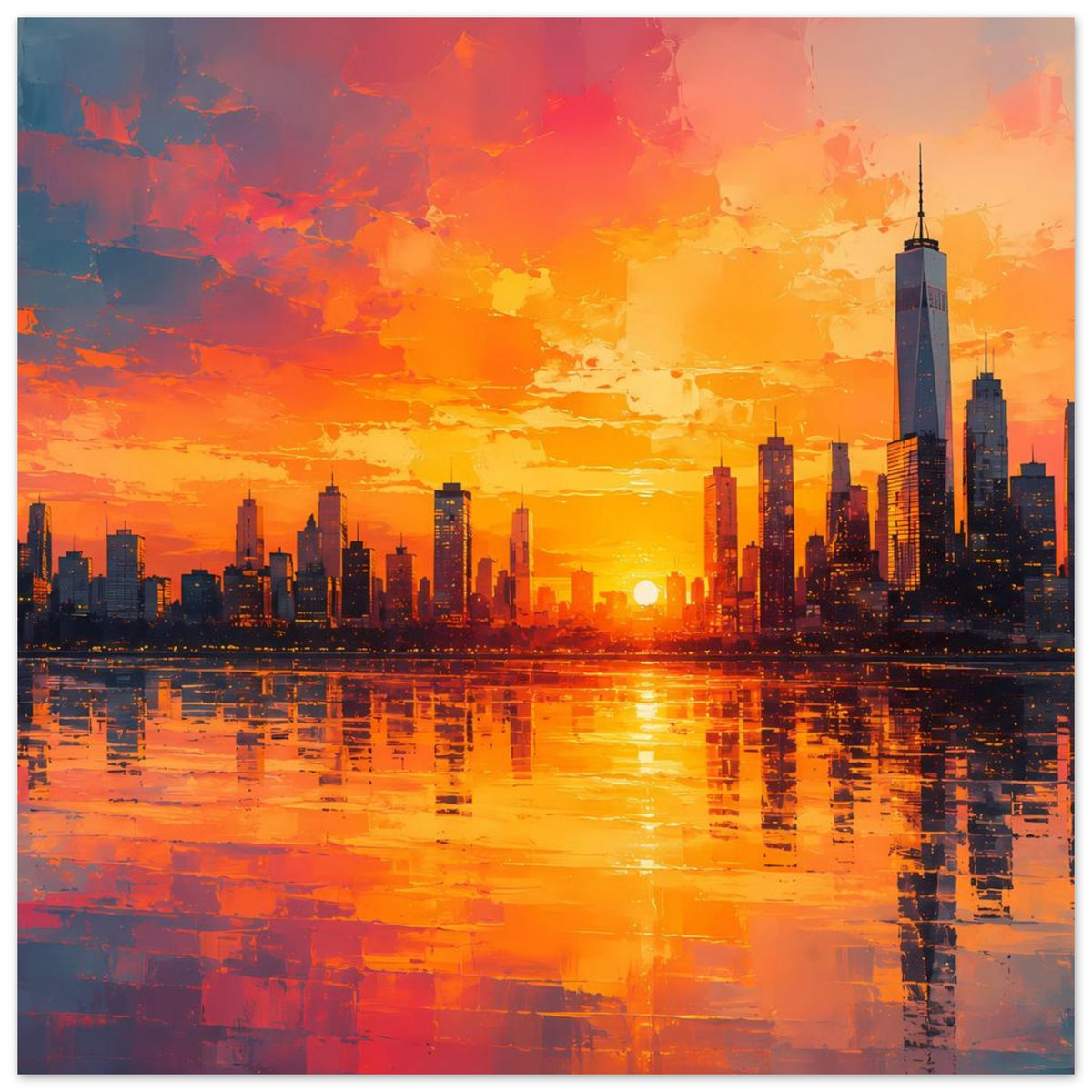 Weit geschnittenes Poster: Großstadt-Skyline im Sonnenuntergang, reflektierendes Wasser