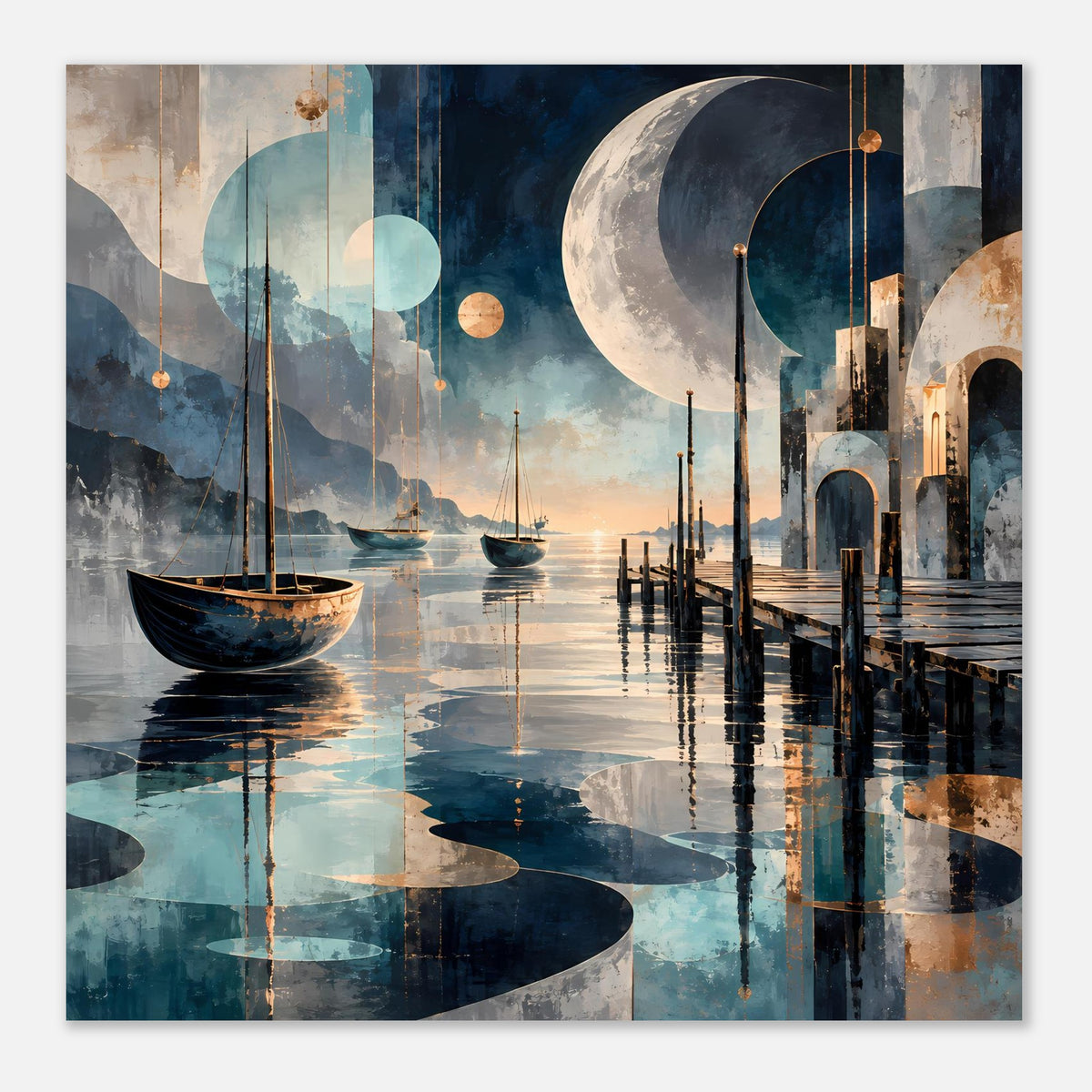 Maritimes Nachtposter im Quadrat: Segelboot, Hafenstege, spiegelndes Wasser, Mond am Himmel