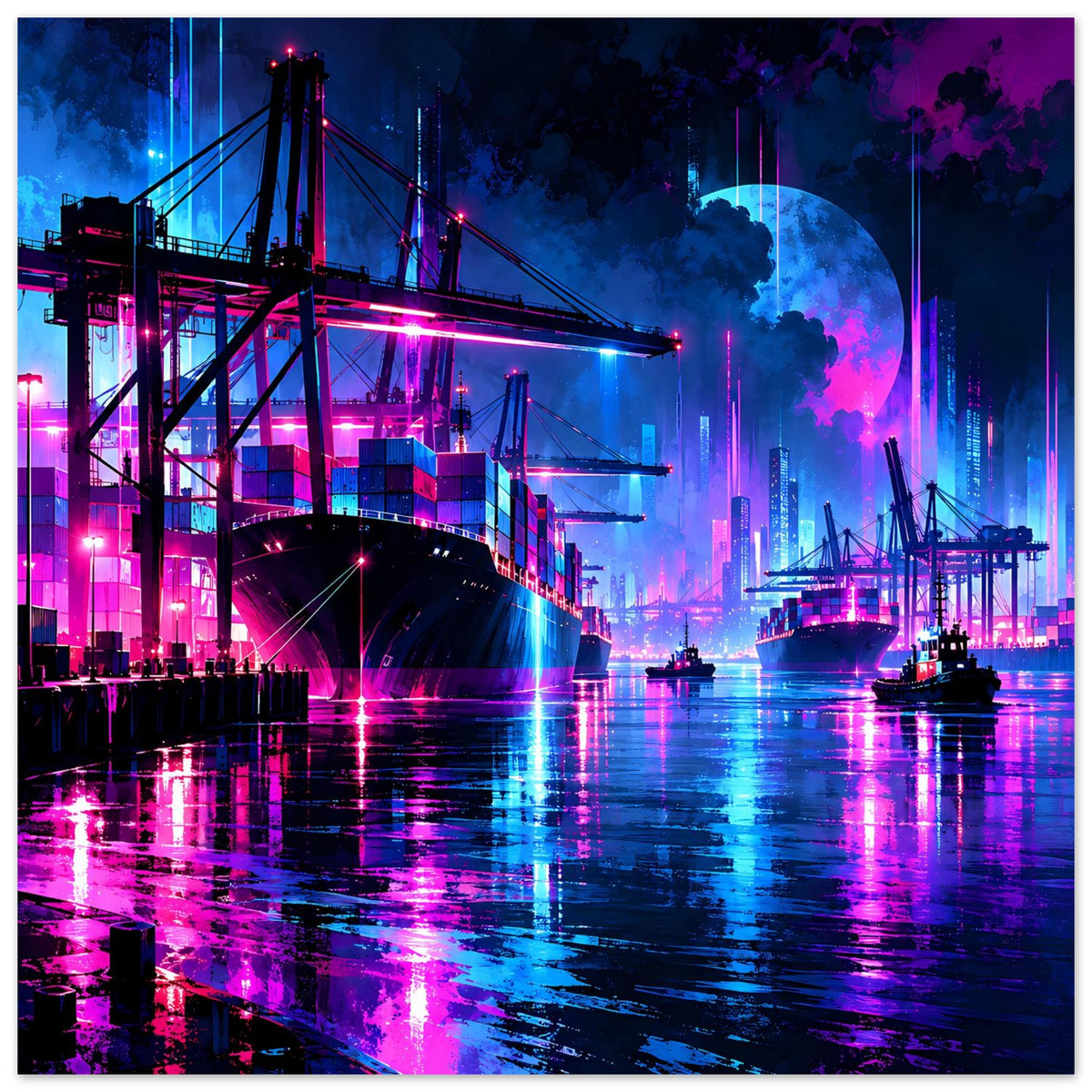 Neon-Hafen Poster mit Skyline, Brücke, Schiffslichtern und kräftigen Neon-Reflexionen