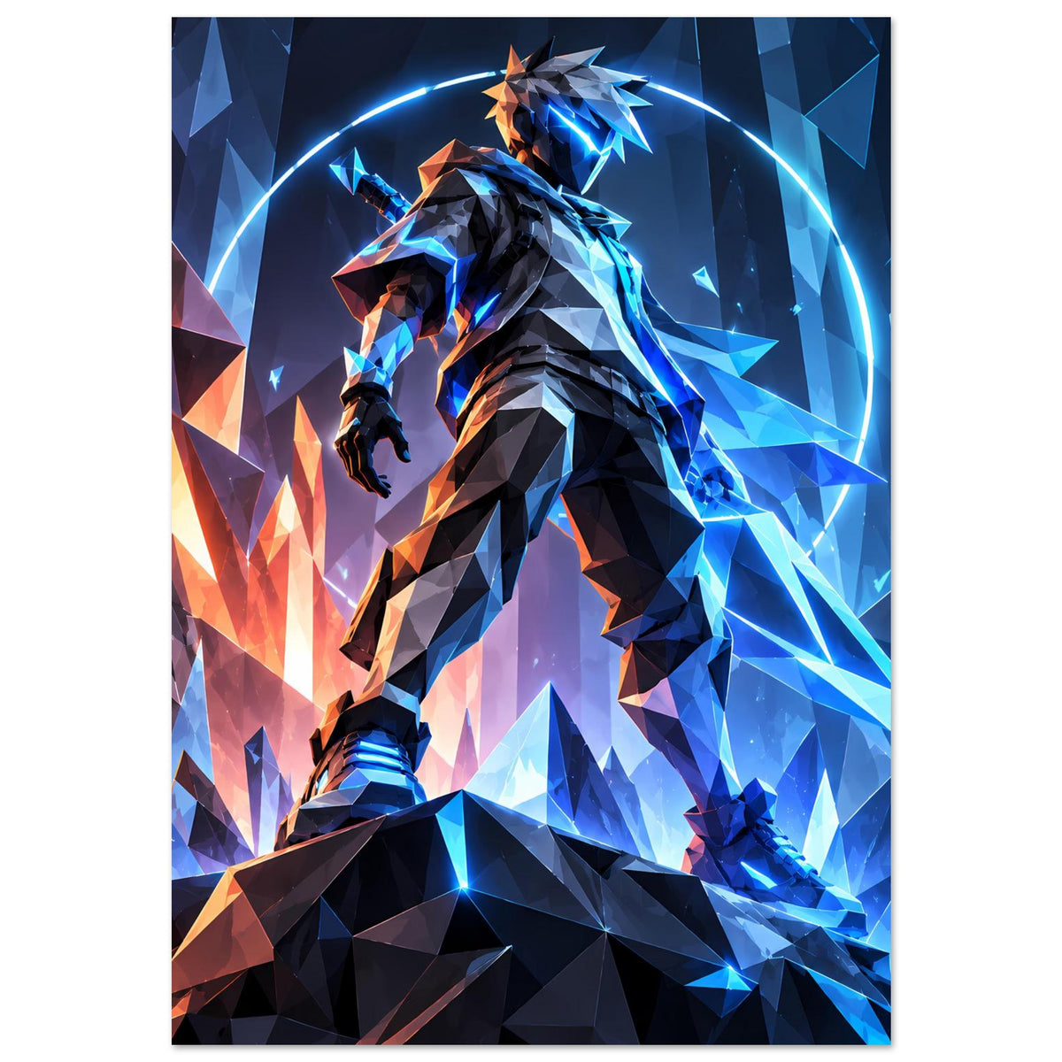 Vertikales Poster: Neon-Krieger mit funkelndem Helm, blauem Lichtbogen und Polygonmuster in Blau/Orange